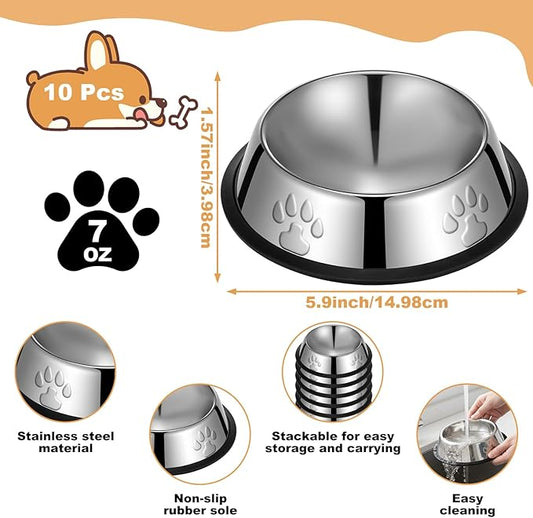 10 Pcs Stainless Steel Dog Bowl, 6.1 Inch Metal Dog Bowl with Non-Slip Rubber Base, Puppy Essentials & Pet Supplies Great for Home & Travel, Dishwasher Safe Pet Food and Water Bowls