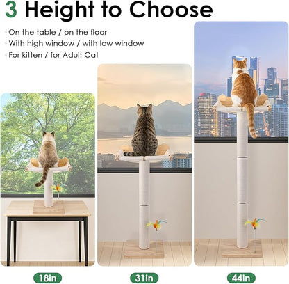 Cat Window Perch with Tall Scratching Post, 44" Adjustable Sisal Cat Tree, 33lbs Capacity Suction Cup Hammock for Indoor Cats Scratching & Watching Birds, Beige, with Detachable Cushion