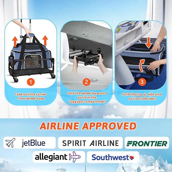 Petskd Top and Side Expandable Pet Carrier with Wheels 17x12x8.5 Inches JetBlue Frontier Spirit Airline Approved, Soft-Sided Carrier for Small Cats and Dogs with Locking Safety Zippers(Blue)
