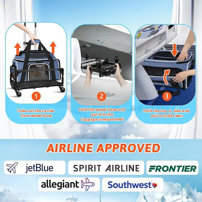 Petskd Top and Side Expandable Pet Carrier with Wheels 17x12x8.5 Inches JetBlue Frontier Spirit Airline Approved, Soft-Sided Carrier for Small Cats and Dogs with Locking Safety Zippers(Blue)