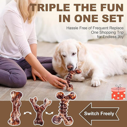 3-Pack Indestructible Dog Toys for Aggressive Chewers, Bacon Flavored Tough Nylon Bones for Medium Large Dogs (25-90 lbs), Heavy Duty Power Chew Toys, Super Big Dog Toys (Brown)