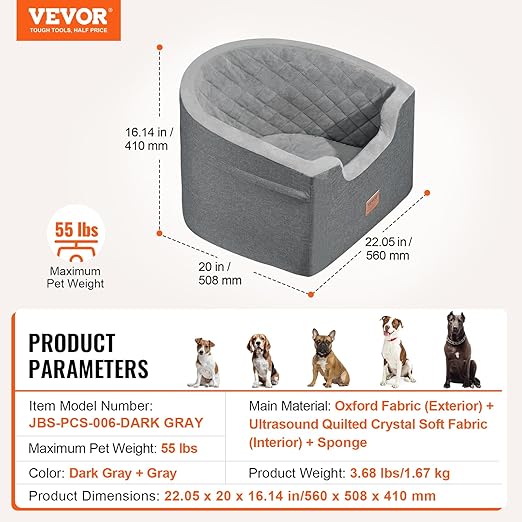 VEVOR Dog Car Seat, Waterproof Dog Booster Seat for Car with a Storage Pocket, Clip-On Safety Leash and Sponge Filling, Pet Bed for Small & Medium Dogs up to 55lbs, Gray