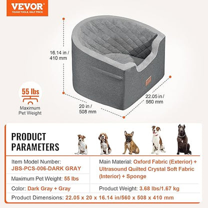 VEVOR Dog Car Seat, Waterproof Dog Booster Seat for Car with a Storage Pocket, Clip-On Safety Leash and Sponge Filling, Pet Bed for Small & Medium Dogs up to 55lbs, Gray