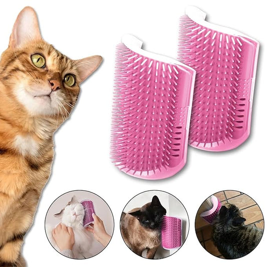 Cat Self Groomer – Wall Corner Grooming Brushes for Cats and Small Pets – Soft Silicone Massage Brush for Shedding Control and Face Rubbing (Pink)