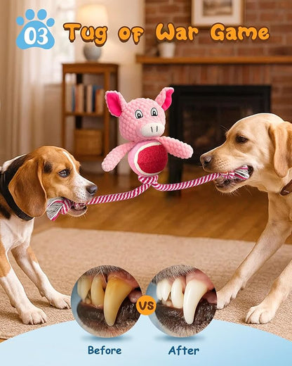 Swooflia Durable Squeaky Dog Toy - Interactive Plush Cute Pig with Rope Legs, Teeth Cleaning Tug Toy for Small Medium and Large Dogs, Puppy Chew Toy for Training and Play