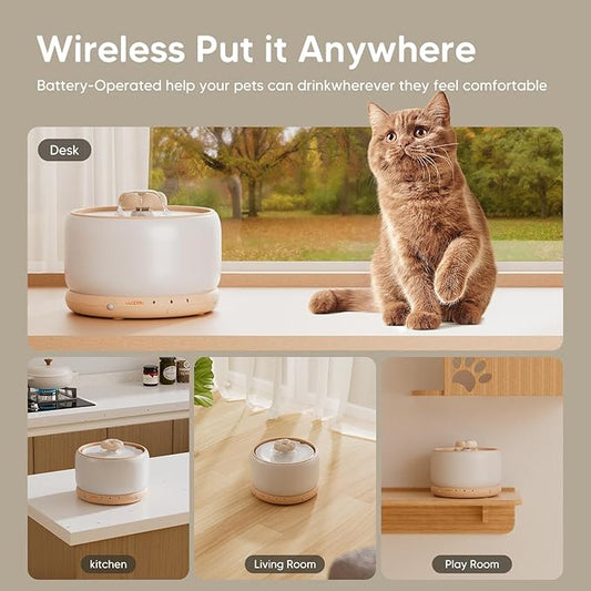 WOPET Wireless Cat Water Fountain, Cordless Ceramic Pet Water Fountain with 5000mAh Rechargeable Battery, 3L/101oz Premium Cat Water Dispenser for Cats & Small Dogs,Ultra Quiet & Triple Filtration