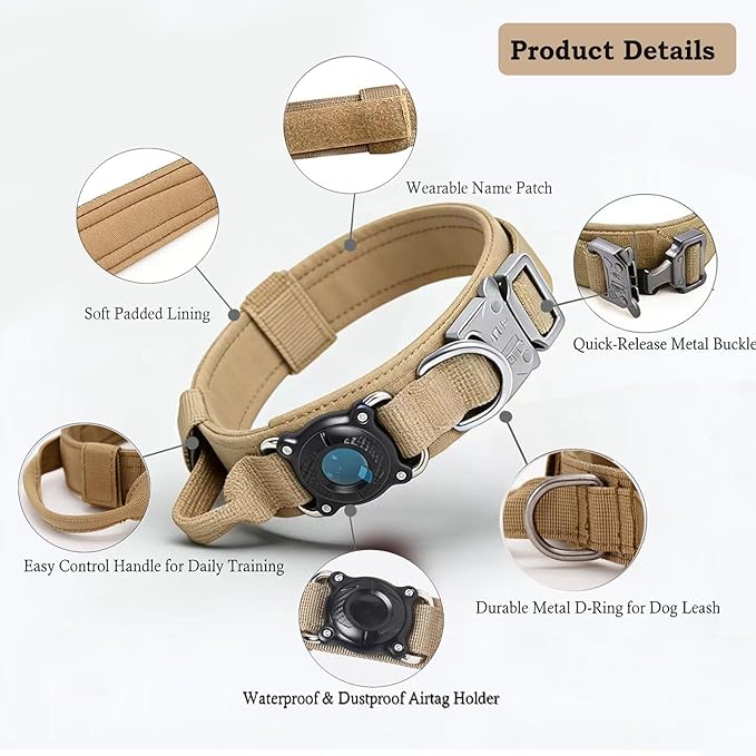 Xqpetlihai Upgraded AirTag Dog Collar Waterproof Tactical Dog Collar with AirTag Holder Heavy Duty Dog Collars for Large Dogs（Brown,M