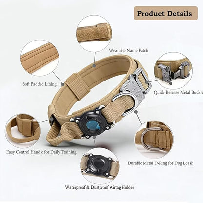 Xqpetlihai Upgraded AirTag Dog Collar Waterproof Tactical Dog Collar with AirTag Holder Heavy Duty Dog Collars for Large Dogs（Brown,M