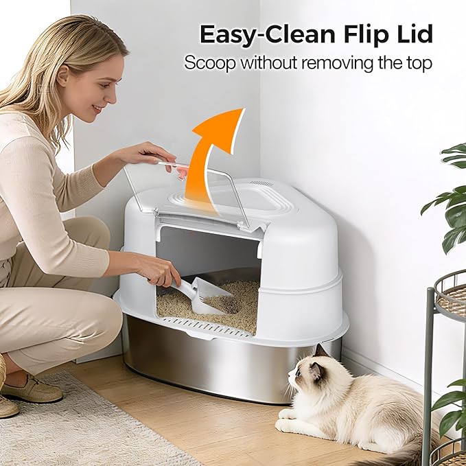 XXL Stainless Steel Corner Cat Litter Box with Lid - Sturdy, No Odor & Space-Saving Hidden Design for Large Cats, White