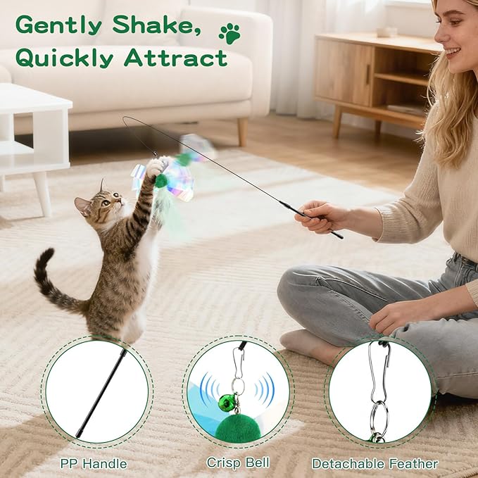 Pawaboo Feather Teaser Cat Toy, Interactive Feather Wand Cats Toy Flying Feathers Cat Catcher with Extra Long 34.5" Wand and Small Bell, Exerciser Playing Toys for Kitten or Cats, Green Butterfly