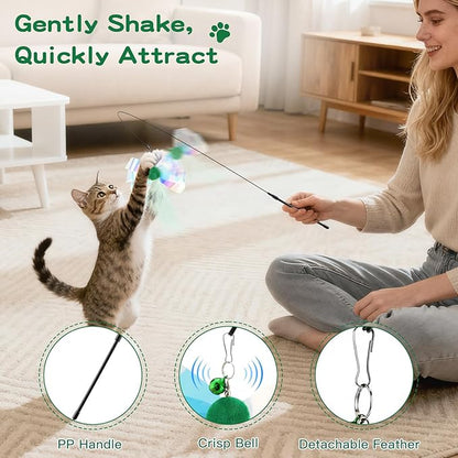 Pawaboo Feather Teaser Cat Toy, Interactive Feather Wand Cats Toy Flying Feathers Cat Catcher with Extra Long 34.5" Wand and Small Bell, Exerciser Playing Toys for Kitten or Cats, Green Butterfly