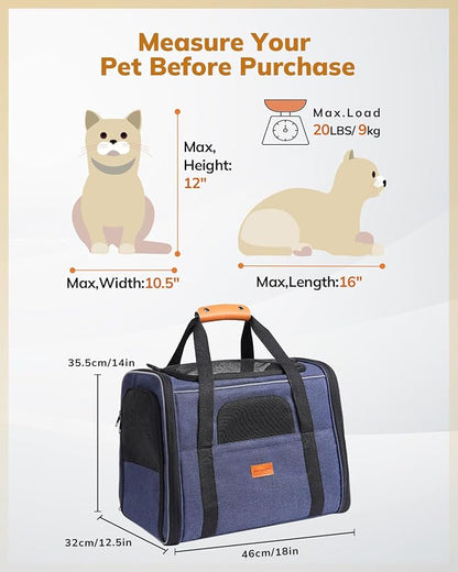 Morpilot Pet Travel Carrier Bag, Soft-Sided Dog Carrier Cat Carrier Pet Carrier, for Large Cats and Medium Puppies up to 25lbs, with Locking Safety Zippers, Foldable Bowl (Dark Blue)