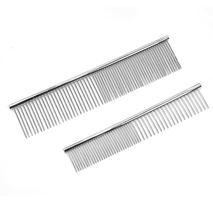 2PCS Metal Pet Combs,Different Spaced Rounded End Teeth Detangler Deshedding Comb for Dog,Cat,Pet