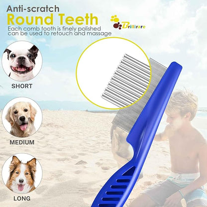 4 Pack Dog Grooming Comb, Pet Flea Lice Combs, Stainless Steel Cat Combs with Rounded Teeth, Double Sided Professional Pet Tear Stain Remover, Dematting Tool for Small, Medium & Large Pets