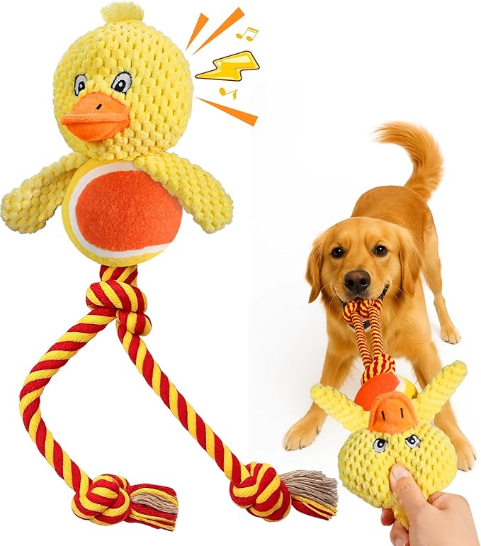 Swooflia Durable Squeaky Dog Toy - Interactive Plush Cute Duck with Rope Legs, Teeth Cleaning Tug Toy for Small Medium and Large Dogs, Puppy Chew Toy for Training and Play