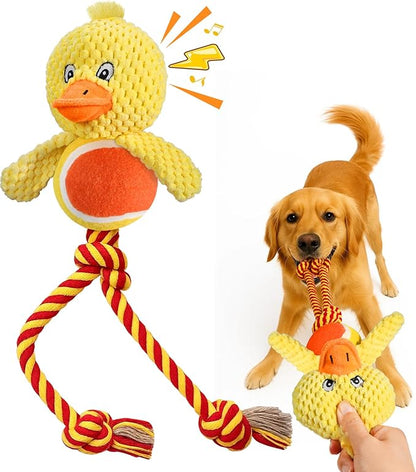 Swooflia Durable Squeaky Dog Toy - Interactive Plush Cute Duck with Rope Legs, Teeth Cleaning Tug Toy for Small Medium and Large Dogs, Puppy Chew Toy for Training and Play