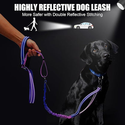 Heavy Duty Hands Free Dog Leash, 5-7 FT Reflective Adjustable Waist Dog Leash Belt with Padded Handles, Shock Absorbing Bungee and Car Seat Belt for Large Medium Dogs (Purple Blue, XL)