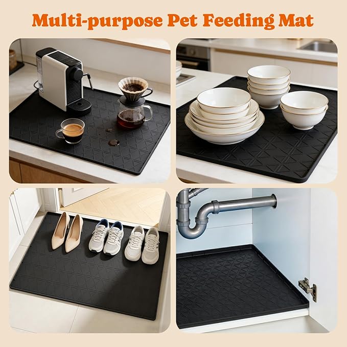 Large Silicone Dog Food Mat with Raised Edge, Waterproof Non-Slip Pet Feeding Mat for Floors, Dog Bowl Mat for Food and Water, Spill Proof Cat & Dog Feeding Placemat, Easy Clean, 34 x 22, Black