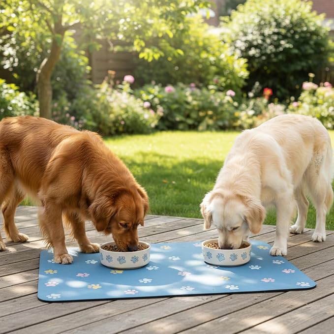 Pet Feeding Mat Absorbent Dog Mat for Food and Water Non Slip Quick Dry Dog Bowl Mats for Floors 27" X 17" Paw Lake Blue