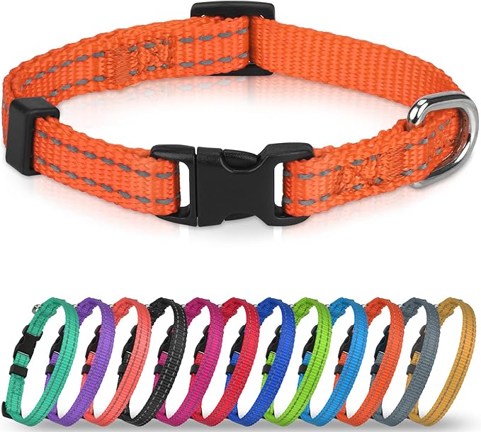 Joytale Puppy Collar, Feather-Light Double-Sided Reflective Nylon Collar for Night Safety, Adjustable Quick-Release for Extra Small Dogs, Orange, XS (3/8" Width)