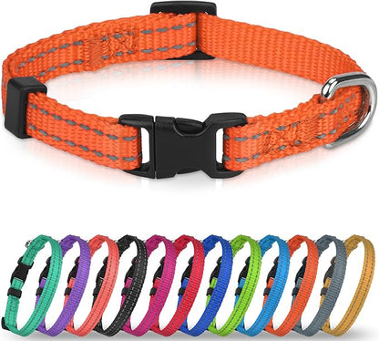Joytale Puppy Collar, Feather-Light Double-Sided Reflective Nylon Collar for Night Safety, Adjustable Quick-Release for Extra Small Dogs, Orange, XS (3/8" Width)