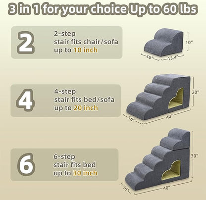 Dog Stairs for High Bed, Pet Stairs-6 Steps Up to 30" H High Bed with Tunnel 2 in 1 with Zippers Suitable, Non-Slip Balanced Indoor Pet Ramp for Dogs and Cats - Grey 6 Tiers