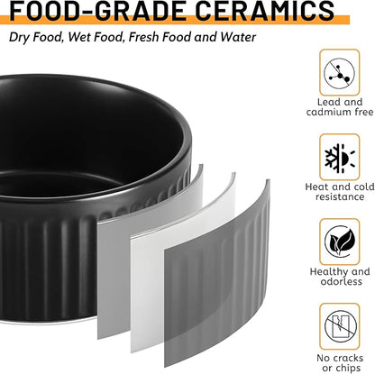 Non-Slip Ceramic Dog Bowls,8" Dog Food and Water Bowl Set with Silicone Base, 64oz/8cups Weighted Flip-Proof Pet Feeding Bowl for Medium and Large Dogs (Large,Black)