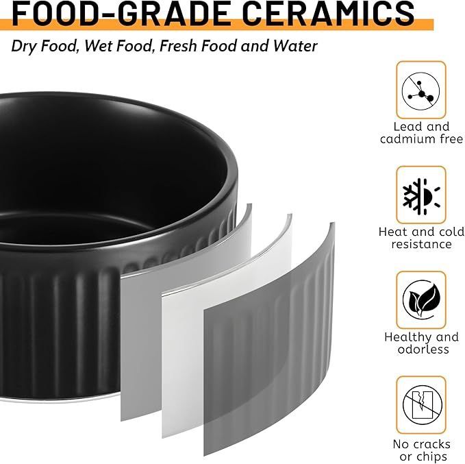Non-Slip Ceramic Dog Bowls,6" Dog Food and Water Bowl Set with Silicone Base, 32oz/4cups Weighted Flip-Proof Pet Feeding Bowl for Medium Dogs (Medium,Black)
