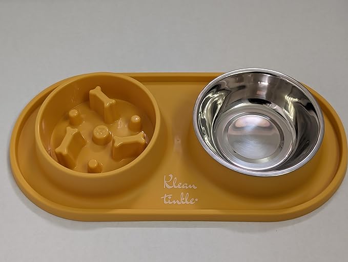 Pets Anti-Skid Dog Bowl Set - Removable Double Slow Feeder With Non-Skid Silicone Mat - Stainless Steel Water Bowl for Cats & Pets (Yellow)