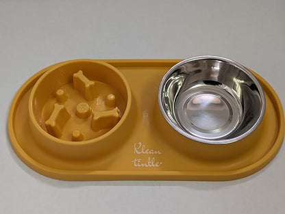 Pets Anti-Skid Dog Bowl Set - Removable Double Slow Feeder With Non-Skid Silicone Mat - Stainless Steel Water Bowl for Cats & Pets (Yellow)