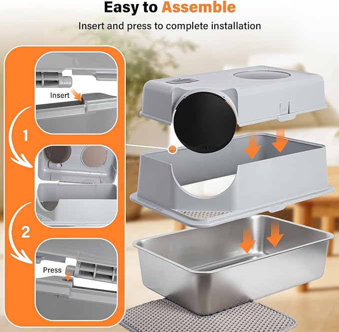 Stainless Steel Litter Box with Lid,Extra Large Enclosed cat Litter Box, Metal litterbox with Flip Top,Front and Top Entry,Anti-Leakage,Easy Cleaning,Includes Carbon Filters & Scoop & Mat