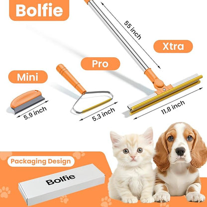 3 in 1 Carpet Rake for Pet Hair Removal, Tool Set of 3, 55” Long Handle Carpet Pet Hair Removal Carpet Scraper Dog Cat Hair Remover for Sofa, Couch, Car, Rug (Orange)