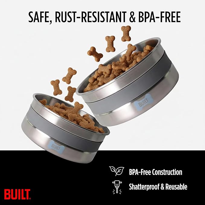 BUILT 38 Oz Dog Bowl - Non-Skid Pad & Soft Grip Ring - Double Wall Stainless Steel, BPA-Free, Non-Porous & Rust-Resistant - Pet Food & Water Bowl for Dogs & Cats - Heavy Duty (Grey)
