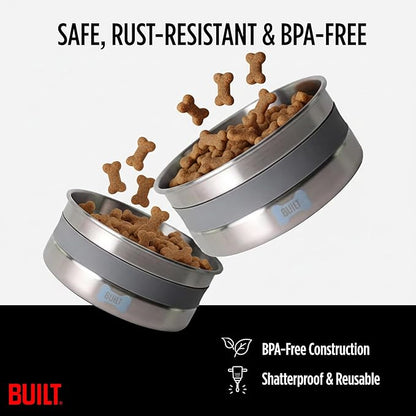 BUILT 38 Oz Dog Bowl - Non-Skid Pad & Soft Grip Ring - Double Wall Stainless Steel, BPA-Free, Non-Porous & Rust-Resistant - Pet Food & Water Bowl for Dogs & Cats - Heavy Duty (Grey)