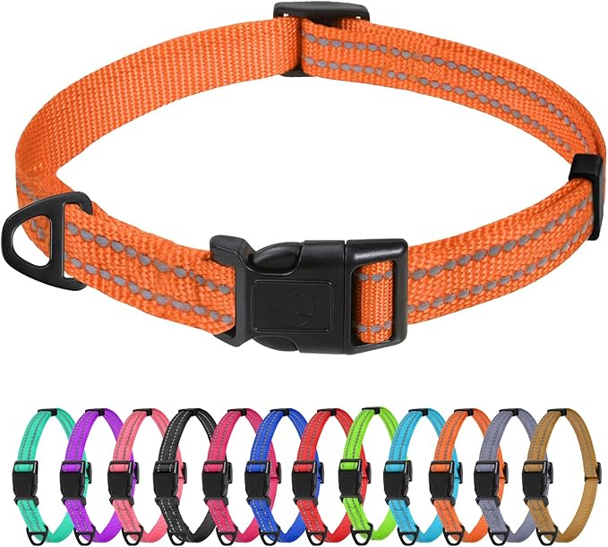 TagME Reflective Nylon Dog Collars, Adjustable Classic Pet Collar with Quick Release Buckle for Extra Small Dogs, Orange, 5/8" Width