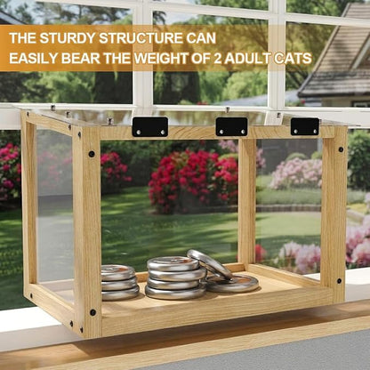Wooden Cat Window Box, Sturdy Cat Perch Catio for 24-35 Inch Window, Window Catio for Indoor Cats for Pet Family, Fits Sunbathing Napping Overlooking, Easy Assemble, Natrual Wood