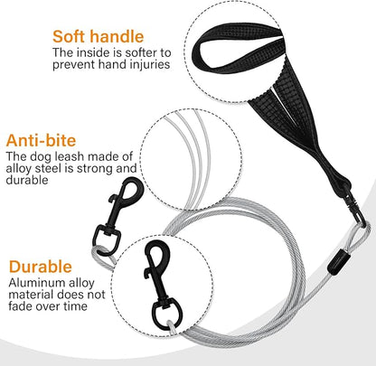 Heavy Duty Dog Leash - 6FT Metal Chew Proof, Comfortable Leather Padded Handle, Stainless Steel for Control - Silver