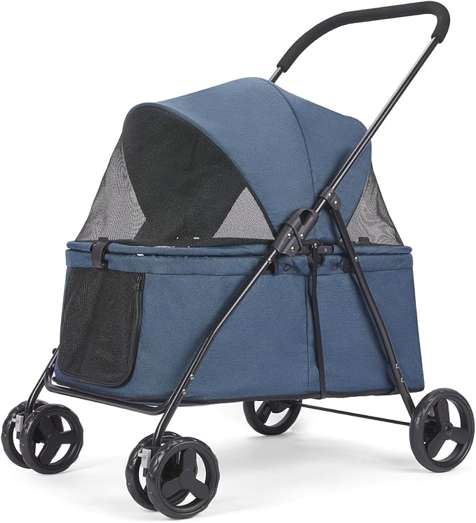 20% Larger Capacity Dog Stroller, Wedyvko Pet Strolling for Medium Dogs w/Dog Poop Bags & Dispenser, Storage Pouch, Zipperless, Entry in/Out Easy, Cat Stroller Universal (Navy Bule)