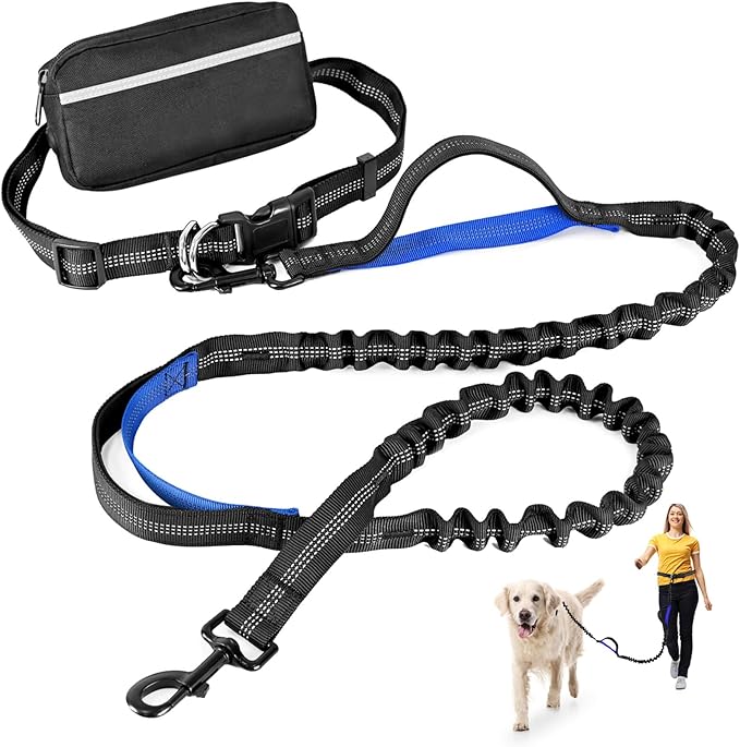 Hands Free Dog Leash with Zipper Pouch, Retractable Bungee Waist Leash with Dual Padded Handles & Waist Belt Fanny Pack for Medium & Large Dog Training Walking Running Hiking Jogging (Blue)