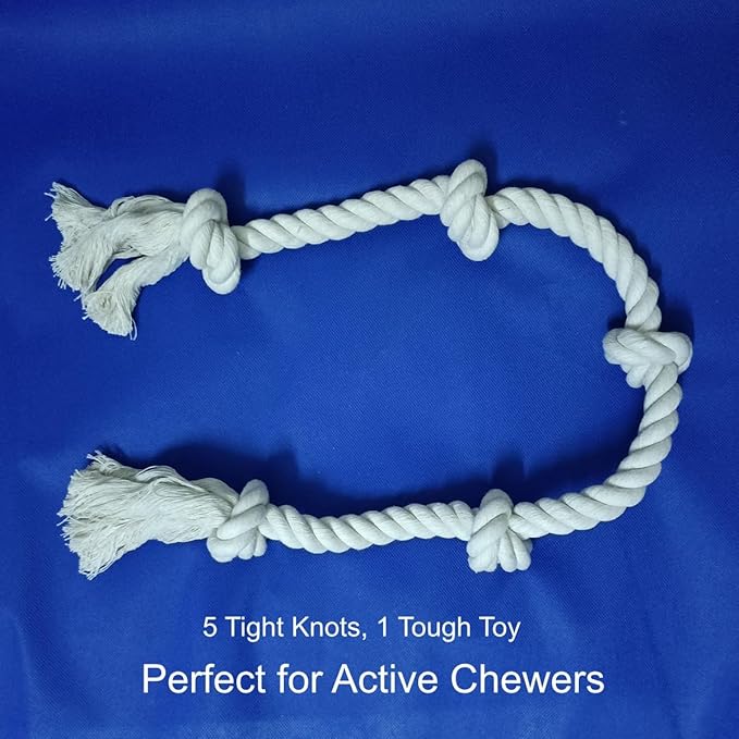 35" Dog Tug Toy – 5-Knot Durable Cotton Rope for Medium & Large Dogs (22–88 lbs), Washable Chew & Tug Toy for Interactive Play, Dental Cleaning, Indoor & Outdoor Use, White