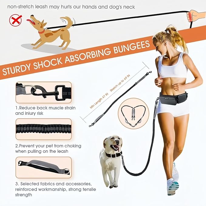 Hands Free Leash with Walking Fanny Pack for Large Medium Small Dogs, Heavy Duty Durable Reflective Waist Bungee for Training, Night Walking Running Jogging Hiking