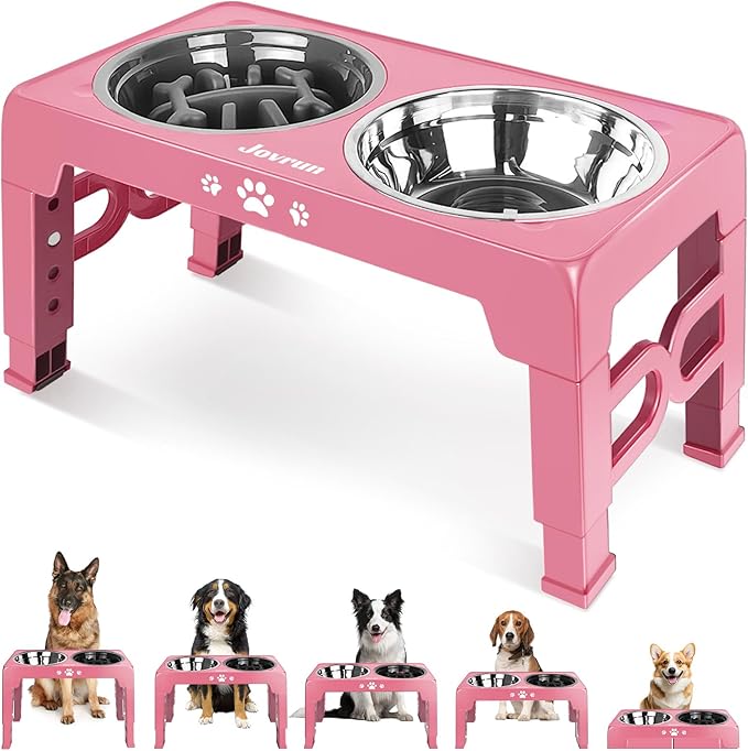 Elevated Dog Bowls for Medium Large Size Dogs, Non-Slip Dog Feeder with 1*Stainless Steel Dishes & 1*Slow Feeder Bowl, 5 Heights Adjustable Raised Bowls to 3.15″-8.66″-9.84″-11.02″-12.2″