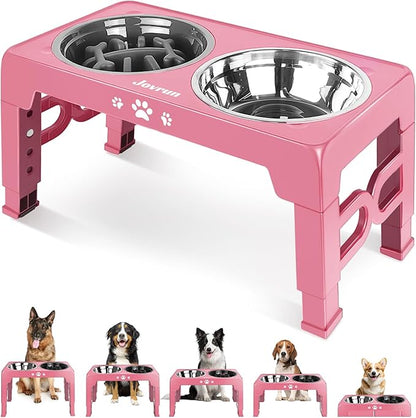 Elevated Dog Bowls for Medium Large Size Dogs, Non-Slip Dog Feeder with 1*Stainless Steel Dishes & 1*Slow Feeder Bowl, 5 Heights Adjustable Raised Bowls to 3.15″-8.66″-9.84″-11.02″-12.2″