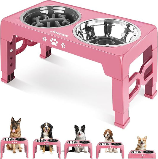 Elevated Dog Bowls for Medium Large Size Dogs, Non-Slip Dog Feeder with 1*Stainless Steel Dishes & 1*Slow Feeder Bowl, 5 Heights Adjustable Raised Bowls to 3.15″-8.66″-9.84″-11.02″-12.2″