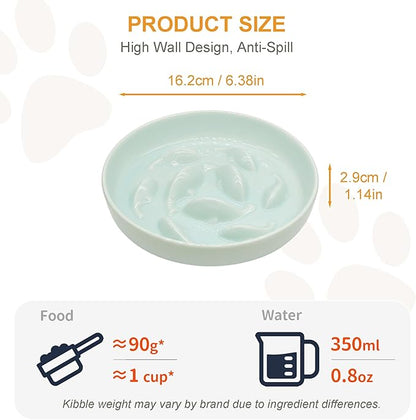 Anti-Bloat Ceramic Slow Feeder Bowl - Fish Pool Design Interactive Puzzle Feeder for Cats & Small Dogs, Food-Safe Porcelain Healthy Eating Dish (Green-Ceramic)