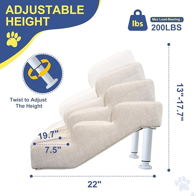 DoCred Adjustable Pet Stairs for Beds & Sofas - 3 Step 11.8"-14.5" H Non-Slip Dog Stairs for Small to Medium Dogs & Cats, Supports up to 150 lbs - Linen Faux Leather Dog Steps