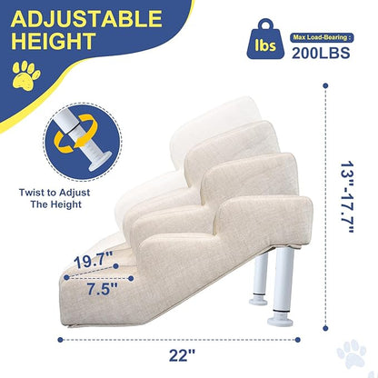 DoCred Adjustable Pet Stairs for Beds & Sofas - 3 Step 11.8"-14.5" H Non-Slip Dog Stairs for Small to Medium Dogs & Cats, Supports up to 150 lbs - Linen Faux Leather Dog Steps