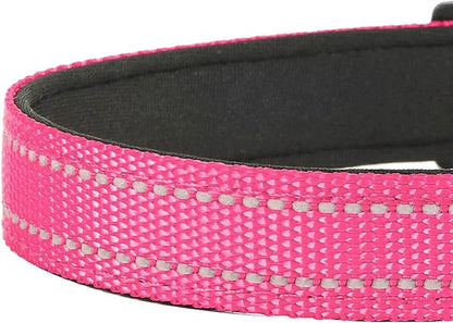 Reflective Dog Collar, Adjustable Soft Neoprene Padded Nylon Pet Collars with Buckle for Extra Large Dogs, Hotpink,XL