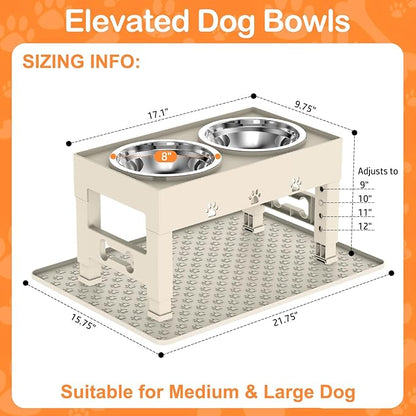 Elevated Dog Bowls with Mat, Raised Dog Food Bowl Stand with 2 Stainless Steel Bowls, 5 Height Adjustable (3.1", 9", 10", 11", 12") Non-Slip Feeder Set for Medium and Large Dogs – Apricot