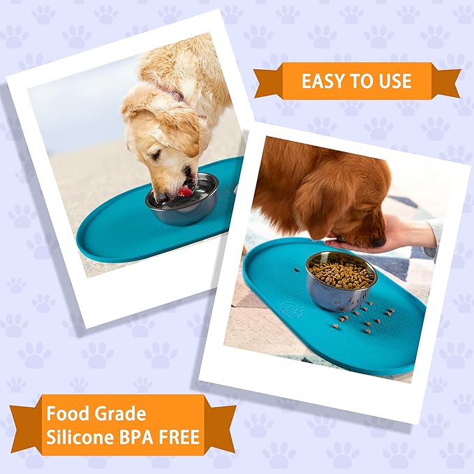 100% Waterproof 0.5" Raised Edge BPA Free Silicone Dog Food Mat, Pet Cat Feeding Mats Contain Spills Protects Floors, Placemats for Cats and Dogs Water Bowl Dishwasher. (Large/XL, Teal)